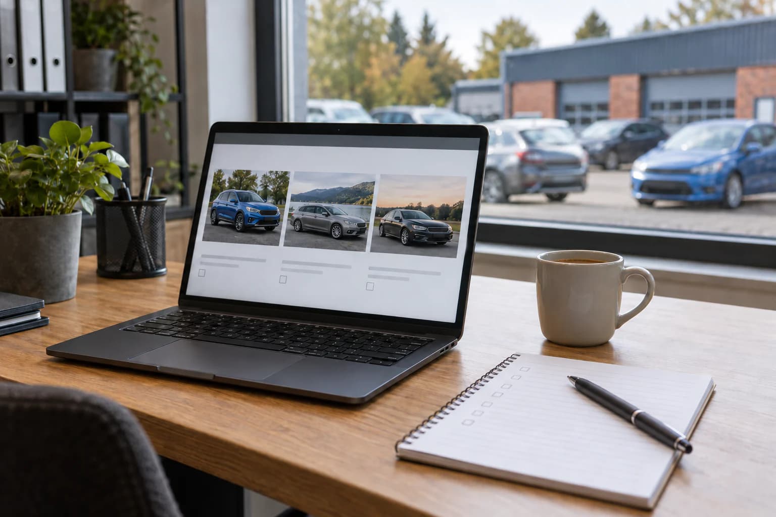 KI-generiertes Symbolbild: Laptop mit drei Beispielfahrzeugen zum Vergleich, daneben Notizblock und Kaffeetasse